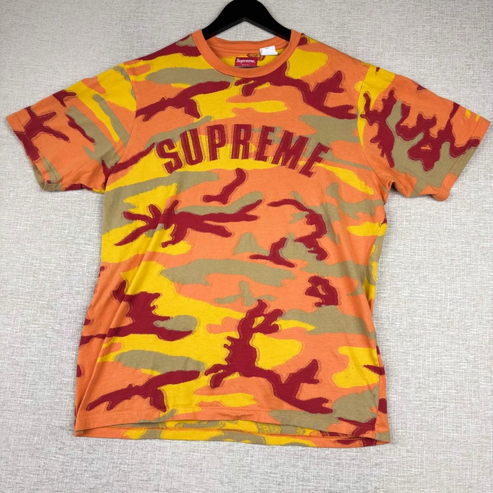 Supreme Camo Logo Mens Large T-Shirt Orange Yellow Red Camouflage